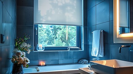 One window with a white half closed fabric roller blind, bathroom, some blue and gray modern decoration details, black tile walls. Generative AI.