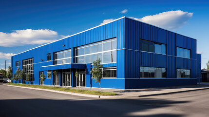 Obraz premium Contemporary Blue Office Building Under Clear Sky