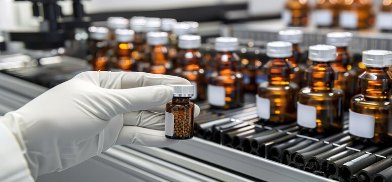 A gloved hand carefully inspecting a bottle of medicine in a pharmaceutical factory. Sterile environment, quality control, and precision are evident.