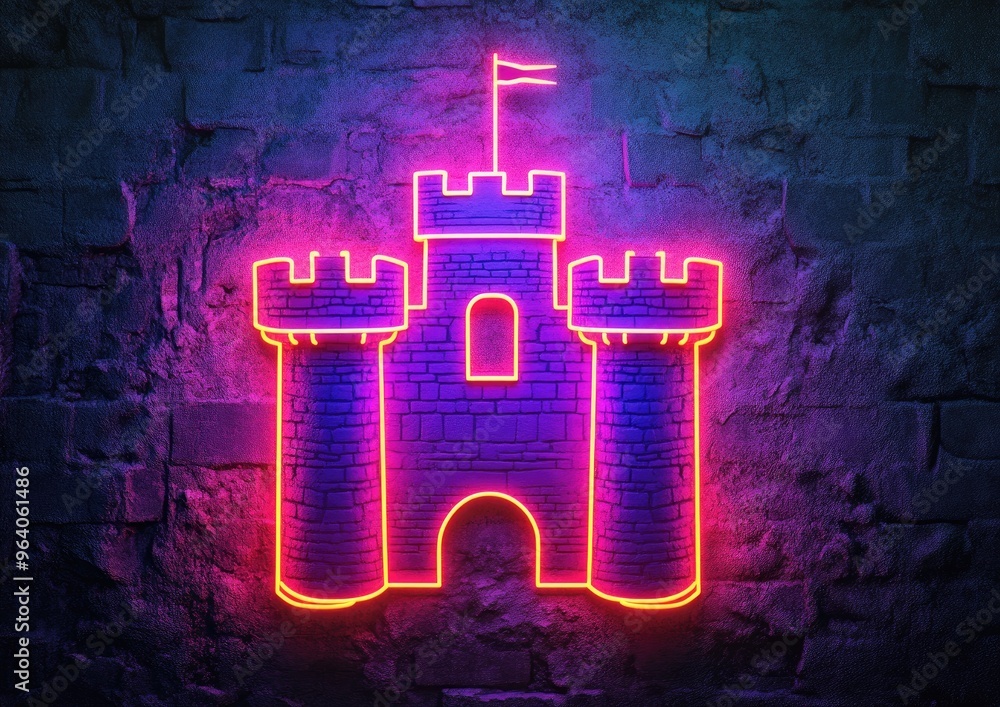 Poster illuminated neon castle icon set against a textured wall symbolizing a medieval fortress with a towe