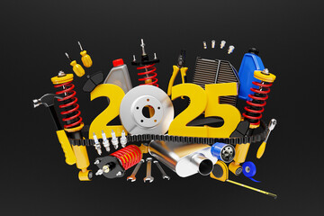 3d illustration of inscription 2025  and auto parts car   on black   isolated background. Car...