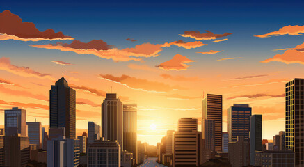 Fototapeta premium Vibrant City Sunset Skyline Illustration