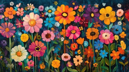 Flower garden depicted in abstract expressionism style with bold, dynamic colors, energetic brushstrokes, and unconventional flower patterns.