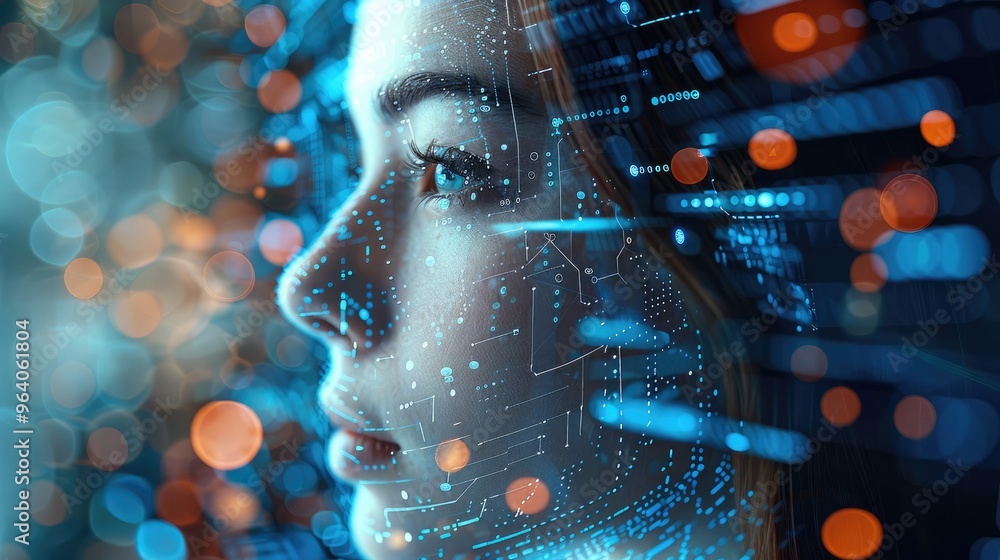 Poster fusion of artificial intelligence and humanity, complex business diagrams, advanced data visualizati