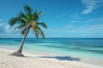 Obraz premium Summer beach scene with blue sky, white clouds, and tropical sand, high-resolution photo with wide angle and sharp focus on seascape, ideal for vacation themes.