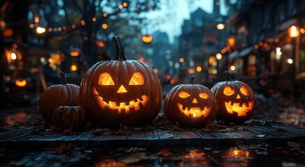 Obraz premium Halloween pumpkins with carved faces on a wooden table against a dark night city street background 