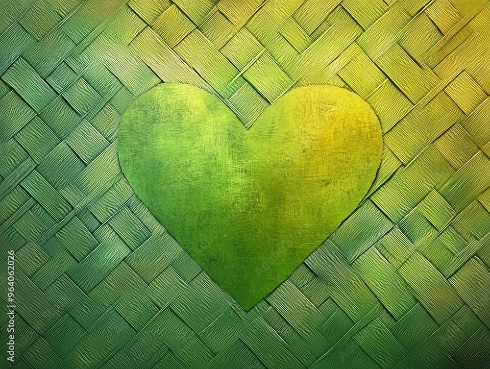 Poster gradient green textured background with woven heart design creating an abstract romantic atmosphere