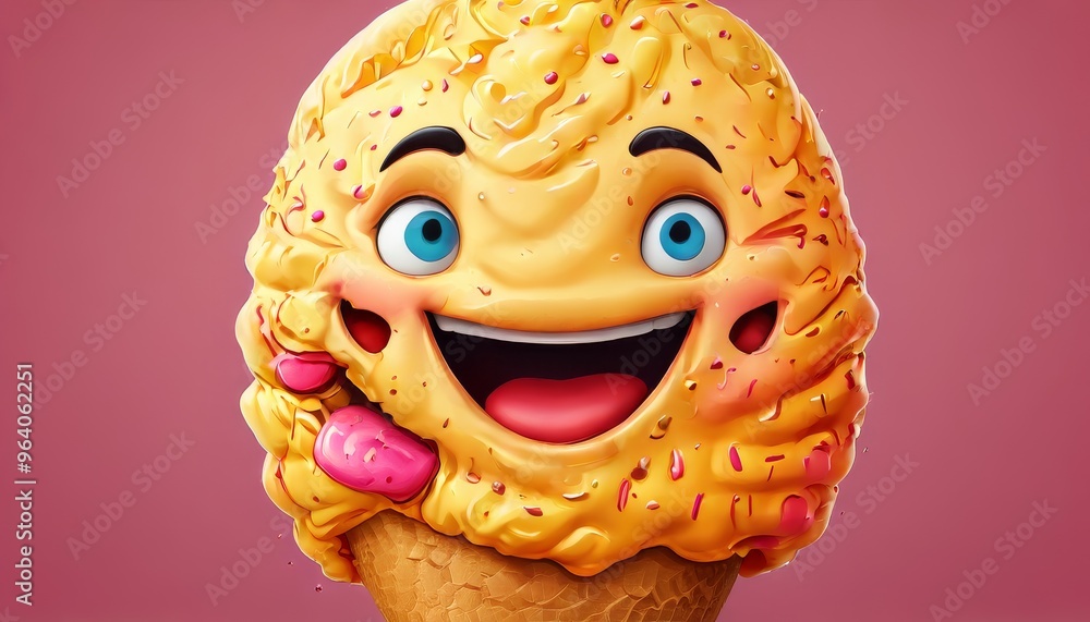 Poster a 3d rendered image of a happy ice cream cone character with big blue eyes and a cheerful expression