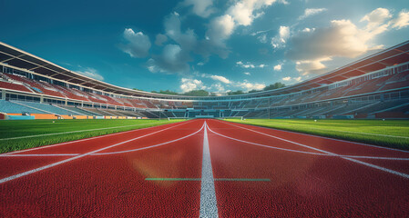 A sports stadium, a sunless sky, a clean sky, with a shot of a red track as the visual center, with green grass on both sides and neat seats in the background. Generative AI.