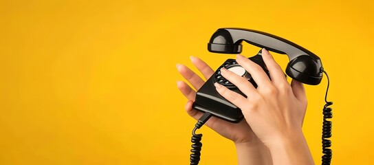 A person's hands holding a vintage rotary phone with the receiver off the hook. The phone is black and the background is yellow.