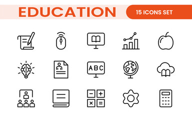 Education line icons collection. Big UI icon set in a flat design. Thin outline icons pack. Thin line icons set of academic subjects and education. Outline symbol collection.