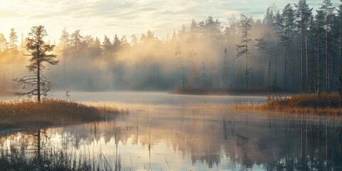 Fototapeta premium Forest in the mist at sunrise Magnificent autumn landscape