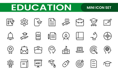 Education line icons collection. Big UI icon set in a flat design. Thin outline icons pack. Thin line icons set of academic subjects and education. Outline symbol collection.