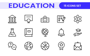 Education line icons collection. Big UI icon set in a flat design. Thin outline icons pack. Thin line icons set of academic subjects and education. Outline symbol collection.