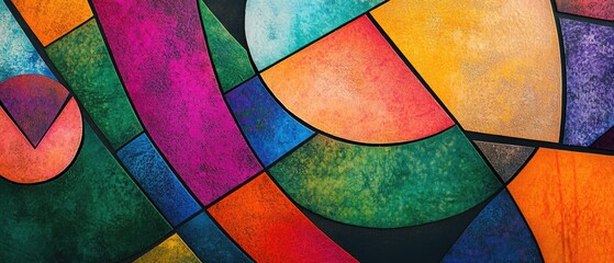 Fototapeta premium Colorful abstract card featuring geometric shapes and a decorative border
