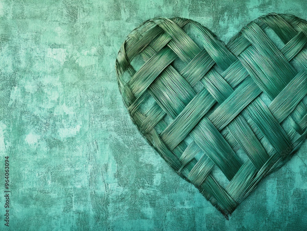 Poster gradient green textured background with woven heart design creating an abstract romantic atmosphere