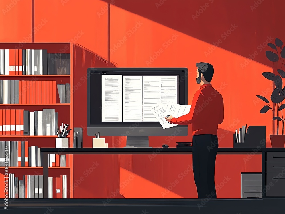 Poster a man in a red shirt standing in an office with a computer and a bookshelf in the background.