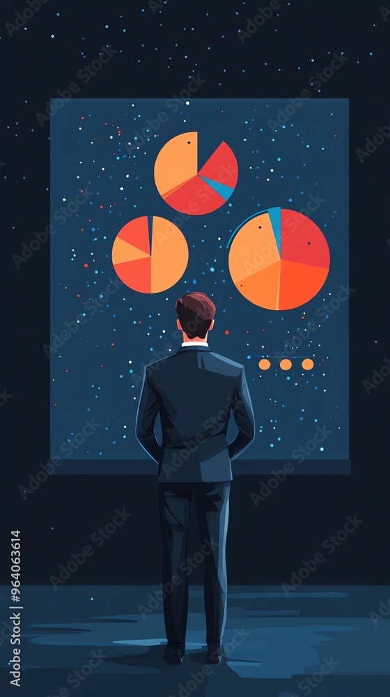 Poster a man in a suit stands in front of a screen with pie charts displayed on it.