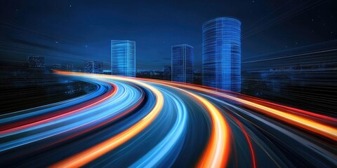 A digital cityscape with glowing lines and skyscrapers.