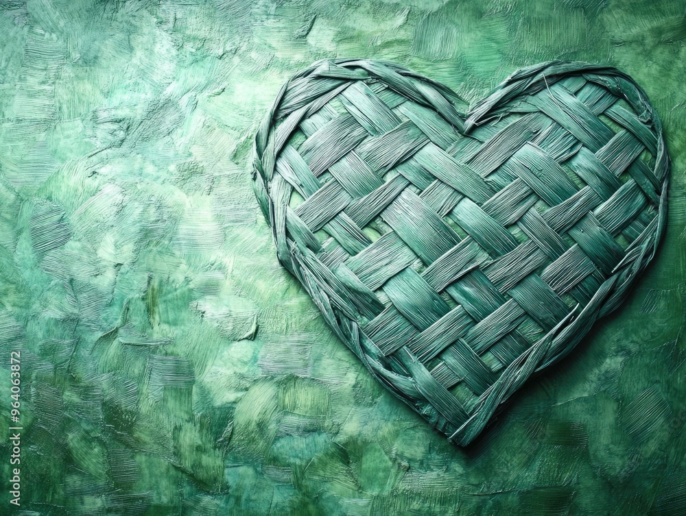 Poster gradient green textured background with woven heart design creating an abstract romantic atmosphere