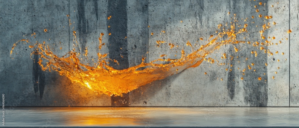 Poster a dynamic splash of liquid within a concrete studio space 3d illustration and rendering