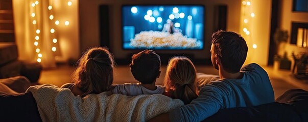 A family having a movie night with popcorn, blankets, and a cozy sofa, all cuddled up in front of the TV
