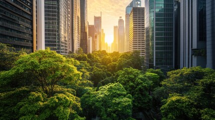 Fototapeta premium Green trees among buildings. Tall buildings falling all around. Sustainable purchasing concept. Waste reduction.