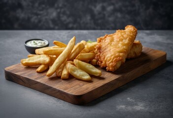 Crispy Fish and Chips with Tartar Sauce on Dark Textured Background