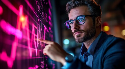 A man wearing glasses studies a pink graph on a large digital screen, his hand touching the surface.