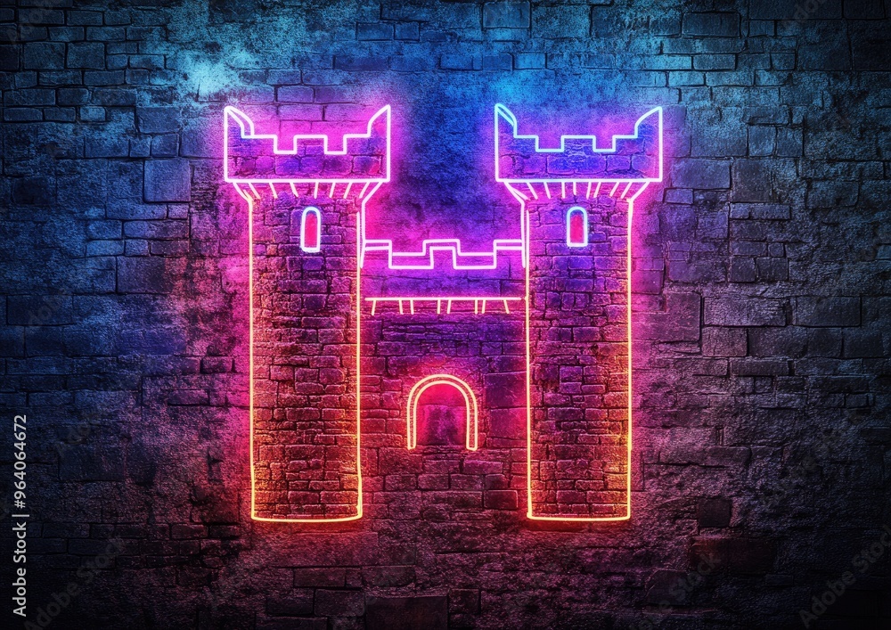 Poster illuminated neon castle icon set against a textured wall symbolizing a medieval fortress with a towe