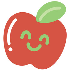 Illustration of smiling red apple for fruit, vegan, grocery shopping, supermarket, ingredients, healthy snack, cartoon character, mascot, summer break, blossom, nature, garden, sticker, patch, brooch