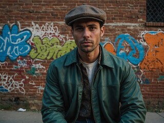 Obraz premium Young African American man with short dark hair wearing flat cap, green jacket, and gray shirt standing in front of brick wall with graffiti