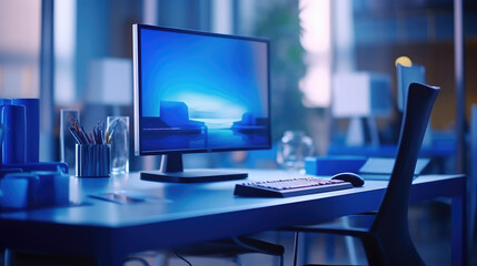 Naklejka premium Modern Office Desk Setup with Blue Ambiance