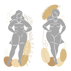 Collection. Silhouette of a female figure and plant leaves. The girl is standing. The lady is full of beauty and sexuality. The girl is overweight vector illustration set.
