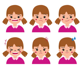 Girl or kid facial expression character. Happiness, anger, smile, shock, fear, joy for illustration and education