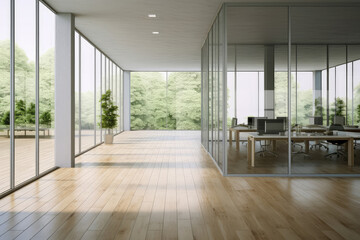 Obraz premium Spacious Modern Office with Glass Walls and Nature View