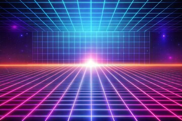 Retro-futuristic grid with vivid colors and glowing horizon in digital landscape