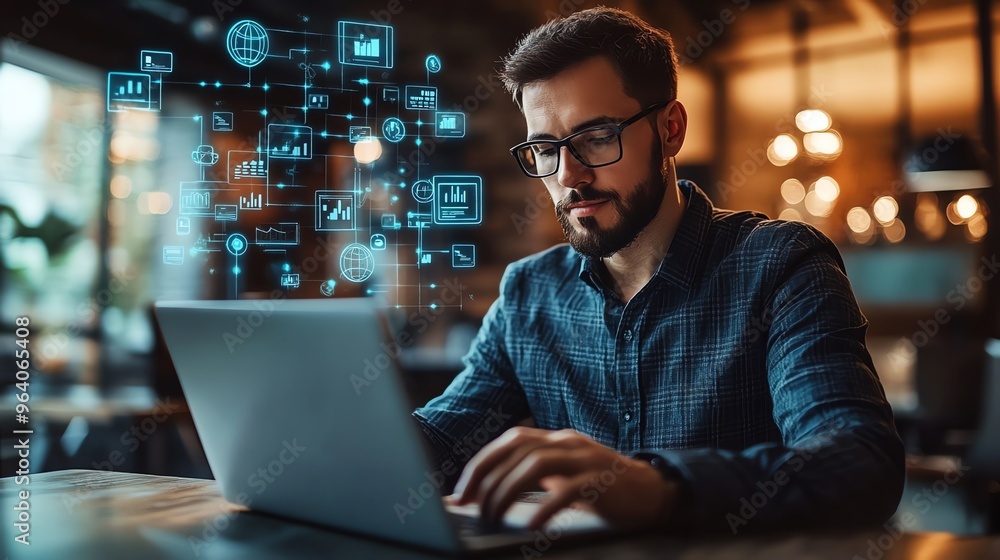 Poster a man works on his laptop in a cafe, with a glowing network of data and statistics icons floating ab