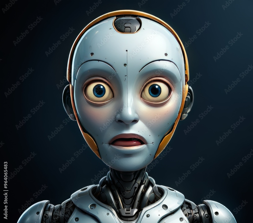 Poster a robot with wide, surprised eyes, showcasing a mix of mechanical parts and human-like features. the