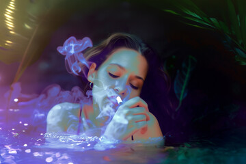 Fototapeta premium a woman, smoking a cigarette with her eyes closed, filled with purple and blue smoke, in a dreamlike atmosphere, with her serene expression, her face illuminated in a soft, ethereal glow