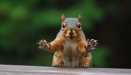 Playful Squirrel Reaching Out with Paws on a Wooden Surface in Nature