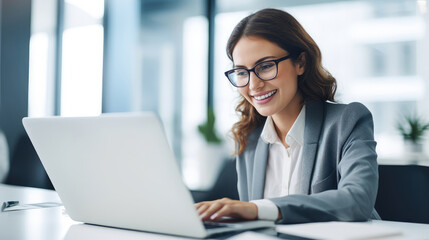 Smiling Businesswoman Using Laptop at Modern Office