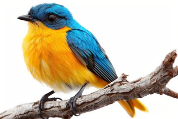 Naklejka premium Colorful tropical bird perched on a branch with vibrant foliage, isolated on white background, perfect for exotic and nature themes, AI Generative