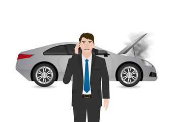 Car Breakdown. Man Using Smartphone to Call a Car Service or Mechanic for Help after Car Breakdown. Vector Illustration.