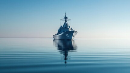 Big gray modern warship in the sea clear blue sky