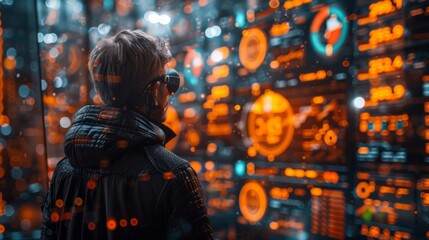 Obraz premium Cyber world operator, metaverse tech, man with virtual stock dashboard, bright and detailed, futuristic digital finance, immersive experience, AI Generative