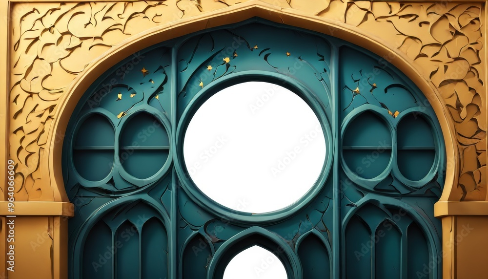 Poster close-up view of an ornate mosque entrance, featuring intricate carvings and a circular opening. the