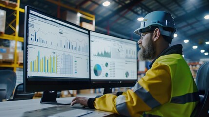 logistics engineer Look at the computer screen showing the warehouse management software.