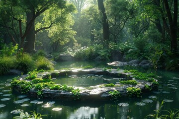 Obraz premium Ecological battery technology concept, 3D rendering of a battery-shaped pond, lush green forest surrounding, sense of sustainability and innovation, AI Generative