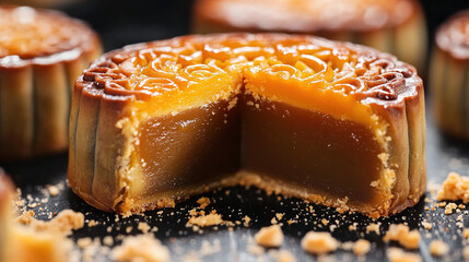 A detailed close-up of a sliced mooncake, revealing its rich, golden filling, with crumbs and delicate textures visible around it, symbolizing traditional Chinese Mid-Autumn Festival.